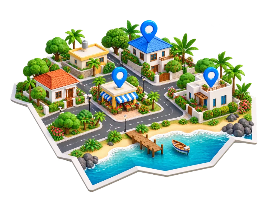 Illustrated coastal neighbourhood with location pins
