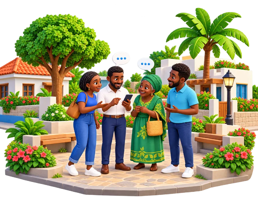 Neighbours talking together with their phones