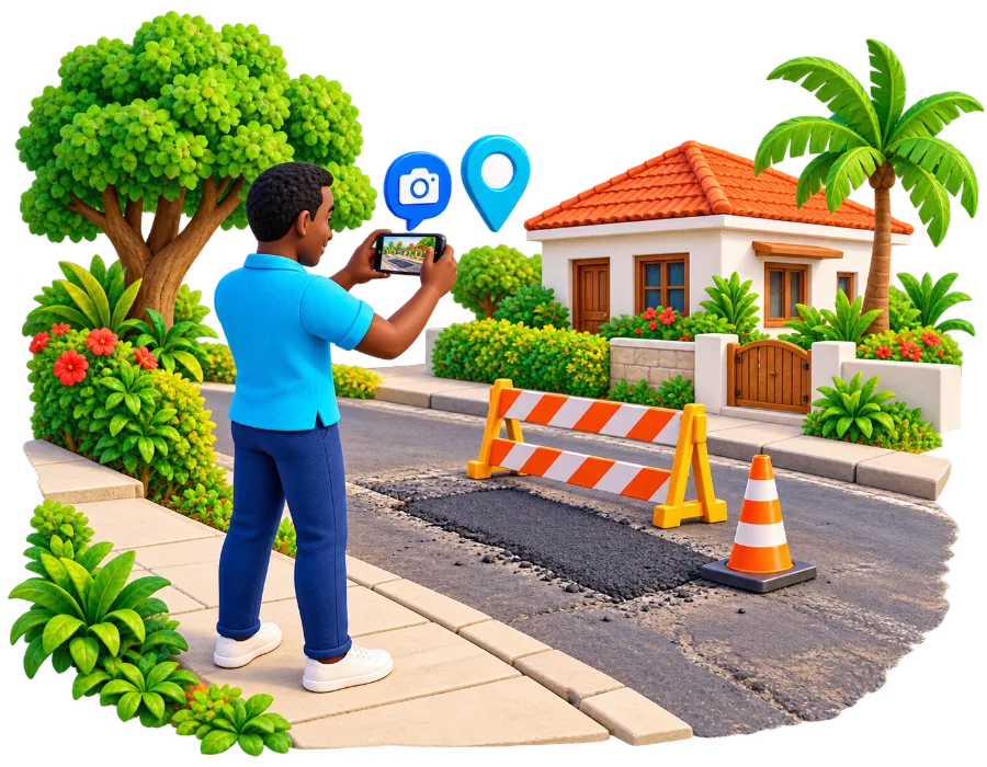 A man photographing a damaged road to report it