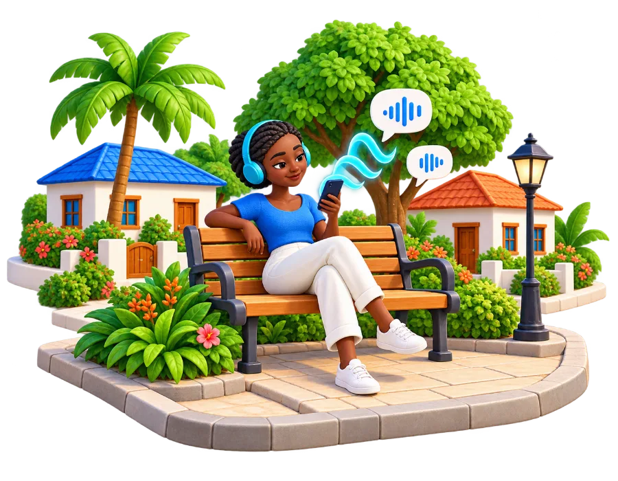 A woman with headphones listening to an update