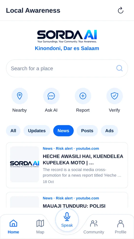 SORDA AI home screen with local news